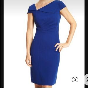 TAHARI. Blue Shift Dress. Envelope Collar. S 10. Cap sleeves. Midi. Full…